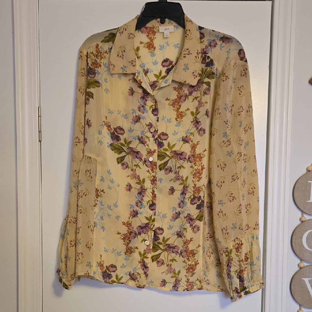 J. Jill Cream Floral Button-Up Blouse With Blue & Orange Blooms